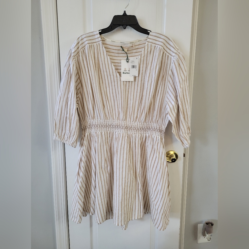 NWT Barbour Ella Striped Cotton Linen Blend Mini Dress White Tannin Size 14